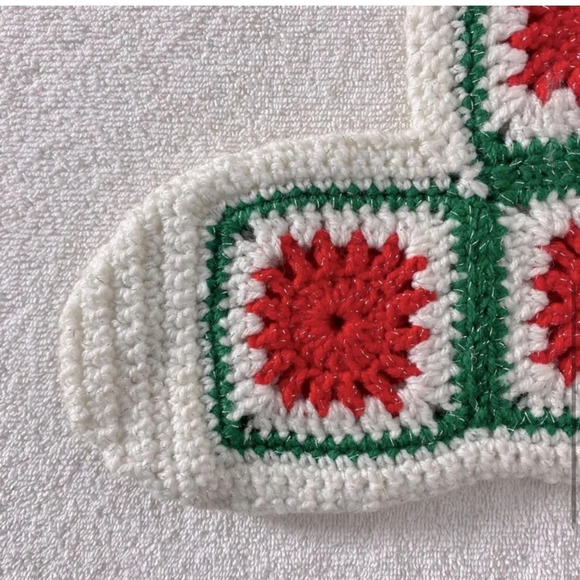 Vintage Handmade Crochet Red  White Green Granny Square Christmas Stocking - Picture 5 of 11